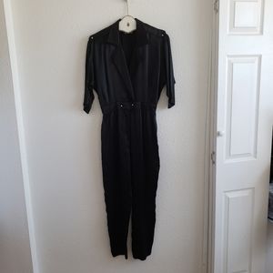 Vintage 80s Rebe Women Black Satin 3/4 Sleeve Jumpsuit